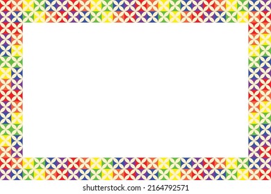 Colorful LGBTQ+ pattern background. Multicolor flower pattern. LGBTQ+ colored flowers on white background. Rainbow border greeting card.