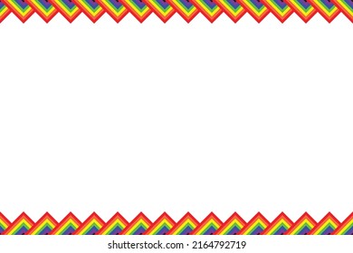 Colorful LGBTQ+ pattern background. Multicolor triangle pattern. LGBTQ+ colored triangles on white background. Rainbow border greeting card.