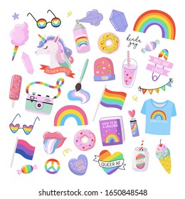 Colorful LGBTQ pride symbols set. Hand drawn vector illustrations. Pride Month design elements. Perfect for scrapbook, logo, poster, t-shirt design. 