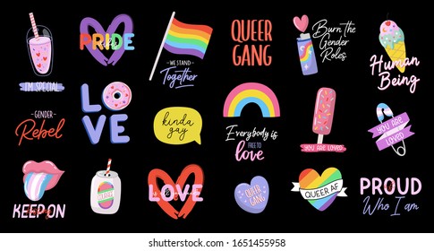 Coloridos símbolos del orgullo LGBTQ. Hermosas señales de igualdad: bandera, arco iris, corazones. Ilustraciones y letras dibujadas a mano por vectores. Perfecto para decoraciones del Mes del Orgullo, afiche, banner, diseño de tarjetas.