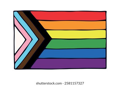 Colorful Lgbtq progress pride flag Happy pride day LGBTQ community Pride Month Vector hand drawn doodle for posters, stickers, logo, cards