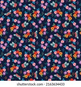 Colorful Liberty Wild meadow floral ,leaves and butterfly flowers  seamless pattern vector ,Design for fashion , fabric, textile, wallpaper, cover, web , wrapping and all prints 
