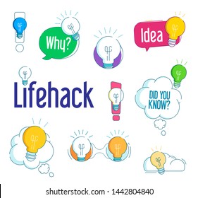 Colorful Life Hack, Tips & Tricks. Rounded Icons with Typography and Geometric Elements for Post or Article about Interesting Facts. Label for Blog, Social Media Vector illustration.