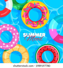 Colorful lifebuoy pattern. Summer banner concept. Pool party. Blue background. Vector illustration.