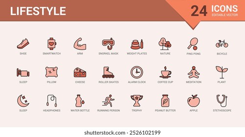 Colorful lifestyle icon set. Related to healthy lifestyle, diet, exercise, sleep. Outline color icons Collection. Vector illustration. Icon names are written in English.