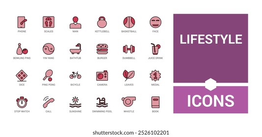 Colorful lifestyle icon set. Related to healthy lifestyle, diet, exercise, sleep. Outline color icons Collection. Vector illustration. Icon names are written in English.