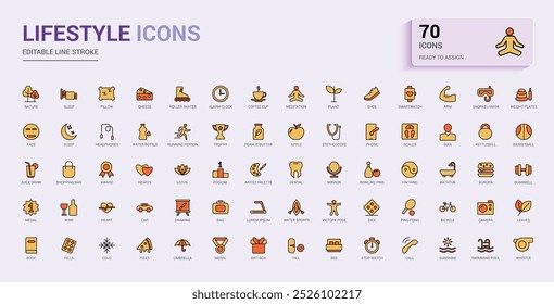 Colorful lifestyle icon set. Related to healthy lifestyle, diet, exercise, sleep. Outline color icons Collection. Vector illustration. Icon names are written in English.