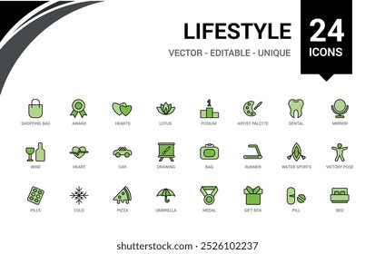 Colorful lifestyle icon set. Related to healthy lifestyle, diet, exercise, sleep. Outline color icons Collection. Vector illustration. Icon names are written in English.