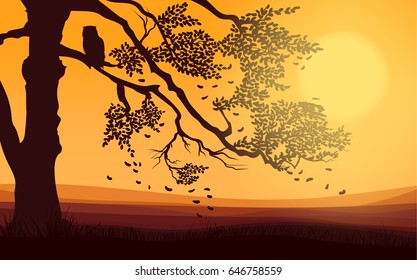 Colorful light autumn nature landscape background with owl sitting on tree and falling leaves vector illustration