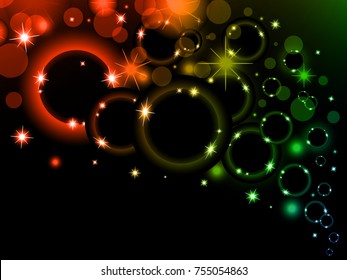 Colorful light bubbles Background. Neon rainbow bokeh effect. Dark background with Glowing sparkling circles and rings in spectrum colors.