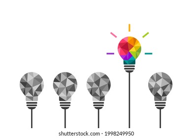 Colorful light bulb being different and standing out from the rest. Stand out and think differently concept. Creative and unique thinking, idea symbol.