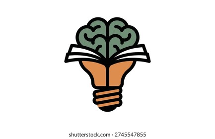 Colorful light bulb with brain and open book inside