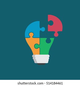 Colorful light bulb consisting of puzzle pieces isolated. Idea, Business, Solution, Work, Insight, Brainstorm Concept.