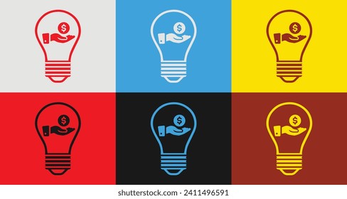 Colorful light bulb and hand holding money icons set in 6 colors for vibrant designs, light bulb and hand holding money Isolated on background - editable file