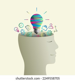 Colorful light bulb inside the head of a person as idea, thinking and innovation concept. Lightbulb as human mind, smile on the face as success and related colourful icons as thinking process symbol.