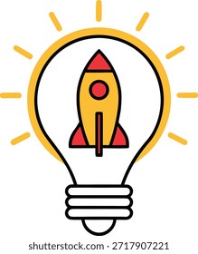 Bombilla colorida con un cohete en el interior que simboliza la innovación y las ideas
