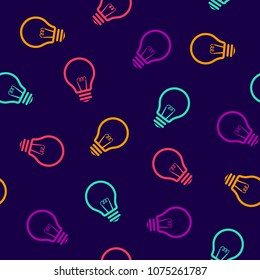 Colorful light bulb seamless pattern on dark background
