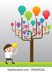 colorful light bulb tree. Bright New Ideas Concept. Businessman harvest of thought.