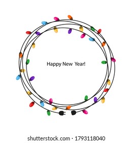 Colorful Light Bulbs Circle Frame. Set Of Christmas Lights For Xmas Holiday Greeting Card Design Vector Background