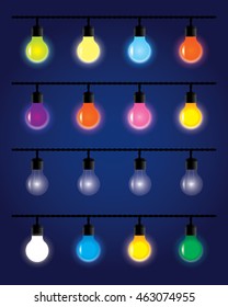 colorful light bulbs hanging on wires. vector set decorations