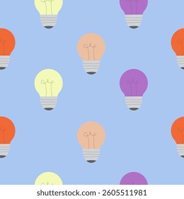 Colorful light bulbs seamless pattern. Vector repeating background for web banner, cover, print, wallpaper, textile.