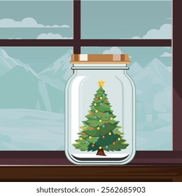 Colorful Light Decoration Christmas Tree Glass Jar on Panoramic Window Vector Illustration.