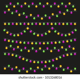 Colorful light lamps garlands set for Mardi Gras carnival. Stock vector illustration.