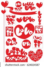 Colorful light love elements set with romantic young couple bubble hearts balloons flowers and inscriptions vector illustration