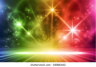 Colorful Light Show. Multicolored Light Effects Background For Any Magical Event Full Of  Energy. Space For You Message. EPS10