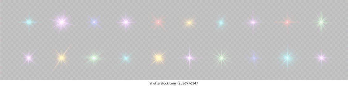 Estrella de luz colorida, rayos de sol, chispas coloridas brillan