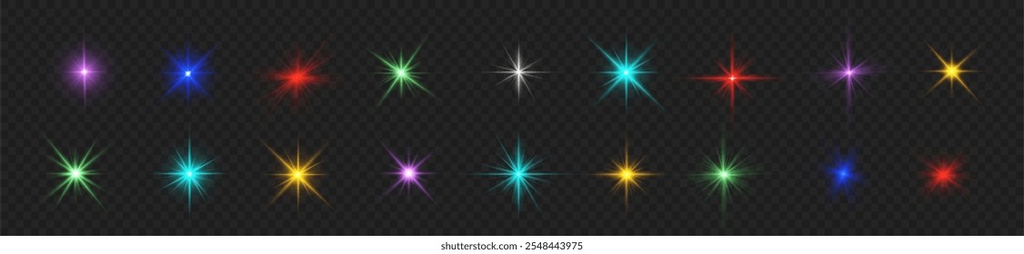 Colorful light star, sun rays, multicolor sparks sparkle. 