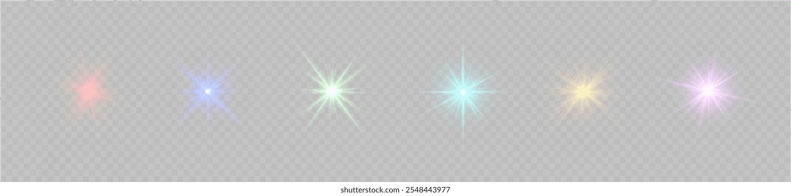 Estrela de luz colorida, raios de sol, faíscas multicoloridas cintilantes. 