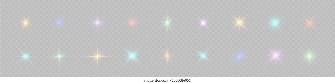 Colorful light star, sun rays, multicolor sparks sparkle. 