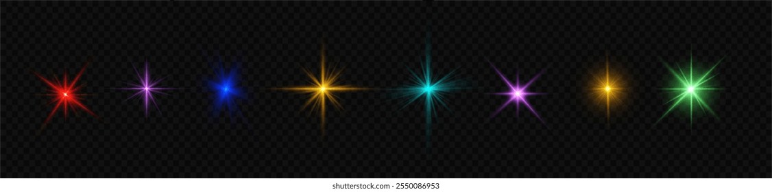 Colorful light star, sun rays, multicolor sparks sparkle. 