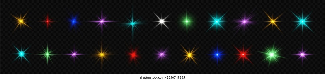 Colorful light star, sun rays, multicolor sparks sparkle. 