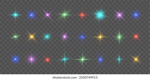 Colorful light star, sun rays, multicolor sparks sparkle. 