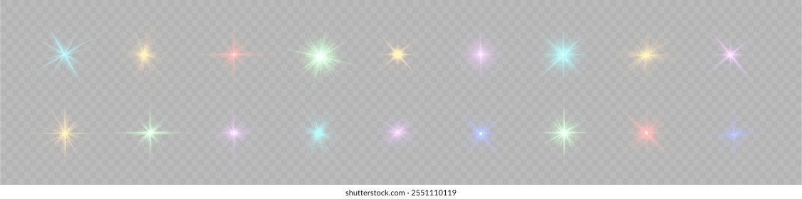 Colorful light star, sun rays, multicolor sparks sparkle. 
