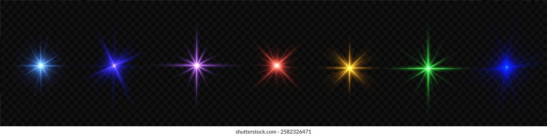 Colorful light star, sun rays, multicolor sparks sparkle. Lights flare, png, star flash light, sun rays. Realistic sun rays. Sun ray glow abstract shine light effect starburst beam sunshine glowing.