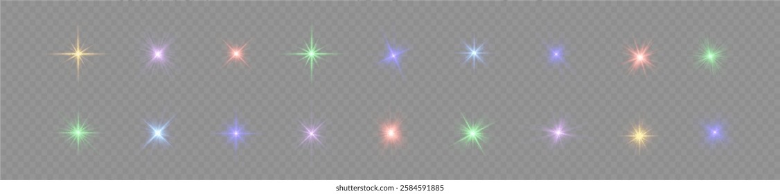 Colorful light star, sun rays, multicolor sparks sparkle. Lights flare, png, star flash light, sun rays. Realistic sun rays. Sun ray glow abstract shine light effect starburst beam sunshine glowing.