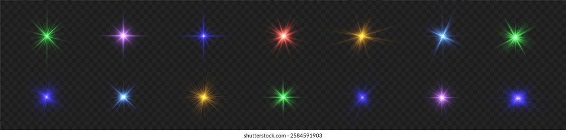 Colorful light star, sun rays, multicolor sparks sparkle. Lights flare, png, star flash light, sun rays. Realistic sun rays. Sun ray glow abstract shine light effect starburst beam sunshine glowing.