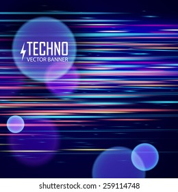 Colorful light and stripes moving fast over dark background. Vector illustration.