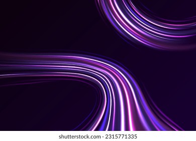 Colorful light trails, long time exposure motion blur effect. Modern abstract high speed movement. Abstract light lines of movement and speed with purple color sparkles. Laser beams luminous