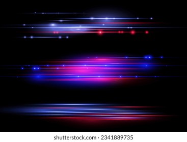 Colorful light trails, long time exposure motion blur effect. Red and blue glowing neon lights lines. Red blue special effect, speed police line. Magic of moving fast lines. Vector Illustration