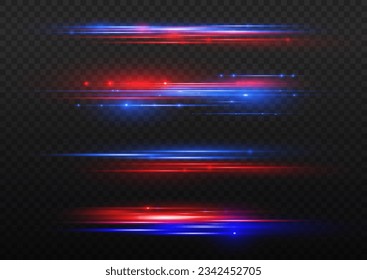 Viajes de luz coloridos, efecto de difuminación del movimiento de exposición prolongada. Líneas de luces de neón brillantes rojas y azules. Efecto especial azul rojo, línea de policía rápida. Magia de mover líneas rápidas. Ilustración vectorial