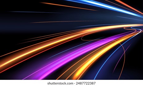 Colorful Light Trails, Long Time Exposure Motion Blur Effect, Vector Illustration