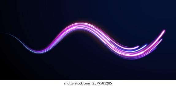 Colorful Light Trails, Long Time Exposure Motion Blur Effect. Abstract fire flare trace lens flares acceleration speed motion on night road. Acceleration speed motion on night road.