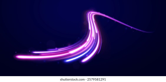 Colorful Light Trails, Long Time Exposure Motion Blur Effect. Abstract fire flare trace lens flares acceleration speed motion on night road. Acceleration speed motion on night road.