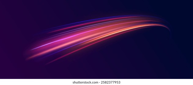 Colorful Light Trails, Long Time Exposure Motion Blur Effect. Abstract fire flare trace lens flares acceleration speed motion on night road. Acceleration speed motion on night road. 