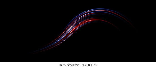 Trilhas de luz coloridas, exposição prolongada efeito de desfoque de movimento. Linhas de luzes de néon vermelhas e azuis brilhantes. Efeito especial azul vermelho, linha de polícia de velocidade. Magia de mover linhas rápidas. Ilustração de vetor