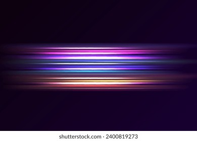 Viajes de luz coloridos con efecto de movimiento. Velocidad de las líneas de movimiento de fondo. Líneas de luz, velocidad y movimiento. Llamada de lente vectorial.